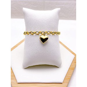 PULSEIRA AÇO INOX ELO PORTUGUES PINGENTE CORAÇÃO - DOURADA