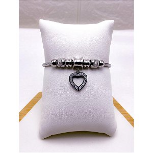 PULSEIRA AÇO INOX ESTILO PANDORA BERLOQUE CORAÇÃO STRASS - PRATEADA