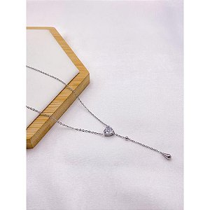 COLAR AÇO INOXIDÁVEL  ESTILO GRAVATINHA 45CM CORAÇÃO CRISTAL - PRATEADO