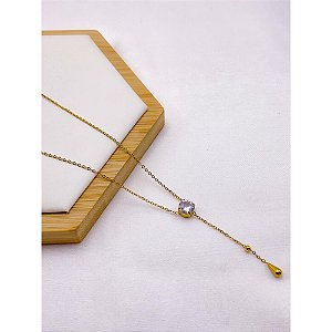 COLAR AÇO INOXIDÁVEL  ESTILO GRAVATINHA 45CM PINGENTE REDONDO CRISTAL - DOURADO