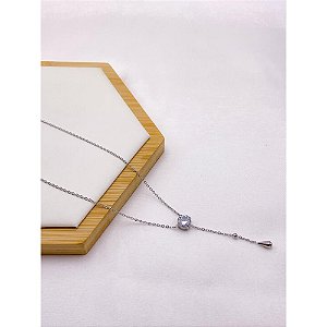 COLAR AÇO INOXIDÁVEL  ESTILO GRAVATINHA 45CM PINGENTE REDONDO CRISTAL - PRATEADO