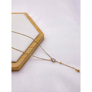 COLAR AÇO INOXIDÁVEL  ESTILO GRAVATINHA 45CM PINGENTE GOTA CRISTAL - DOURADO