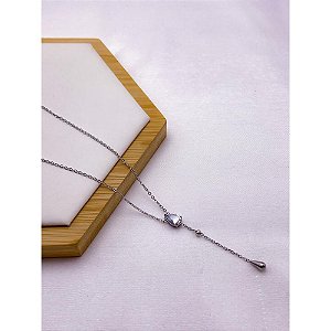 COLAR AÇO INOXIDÁVEL  ESTILO GRAVATINHA 45CM PINGENTE GOTA CRISTAL - PRATEADO