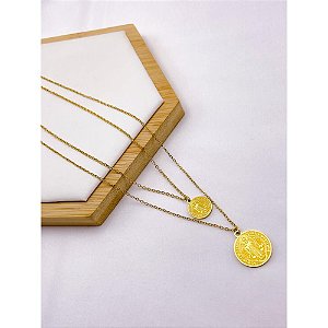 COLAR AÇO INOXIDÁVEL  DUPLO 50CM  PINGENTE SÃO BENTO - DOURADO