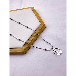 COLAR AÇO INOXIDÁVEL  45CM BOLINHAS PINGENTE NOSSA SENHORA - PRATEADO