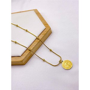 COLAR AÇO INOXIDÁVEL  45CM BOLINHAS PINGENTE SÃO BENTO - DOURADO