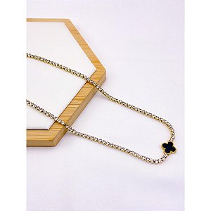 COLAR AÇO INOX 45CM RIVIERA TREVO PRETO - DOURADO