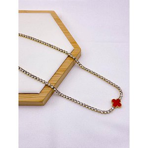 COLAR AÇO INOX 45CM RIVIERA TREVO VERMELHO - DOURADO