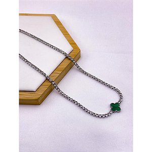 COLAR AÇO INOX 45CM RIVIERA TREVO VERDE - PRATEADO