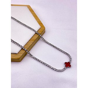 COLAR AÇO INOX 45CM RIVIERA TREVO VERMELHO - PRATEADO