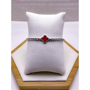 PULSEIRA AÇO INOX RIVIERA TREVO VERMELHO - PRATEADA