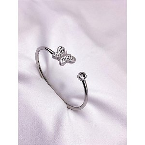 BRACELETE AÇO INOXIDAVEL BORBOLETA CRAVEJADO STRASS PEDRA CRISTAL - PRATEADO