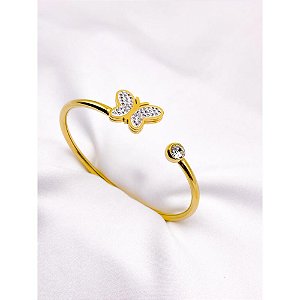 BRACELETE AÇO INOXIDAVEL BORBOLETA CRAVEJADO STRASS PEDRA CRISTAL - DOURADO