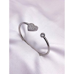 BRACELETE AÇO INOXIDAVEL CORAÇÃO CRAVEJADO STRASS PEDRA CRISTAL - PRATEADO