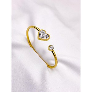 BRACELETE AÇO INOXIDAVEL CORAÇÃO CRAVEJADO STRASS PEDRA CRISTAL - DOURADO