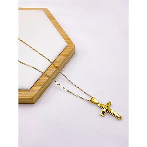 CORRENTE DE AÇO INOX 60 CM PINGENTE CRUCIFIXO - DOURADA