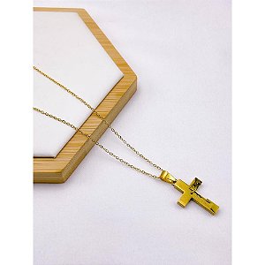 CORRENTE DE AÇO INOX 60 CM PINGENTE CRUCIFIXO - DOURADA