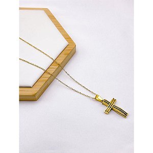 CORRENTE DE AÇO INOX 60 CM PINGENTE CRUCIFIXO - DOURADA