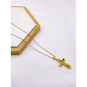 CORRENTE DE AÇO INOX 60 CM PINGENTE CRUCIFIXO - DOURADA