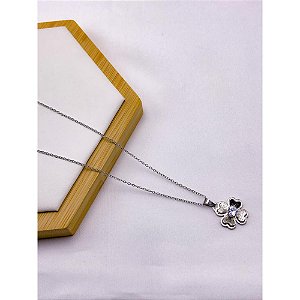 COLAR AÇO INOXIDÁVEL  45CM BOLINHAS PINGENTE FLOR 3D COM PEDRA CRISTAL - PRATEADO