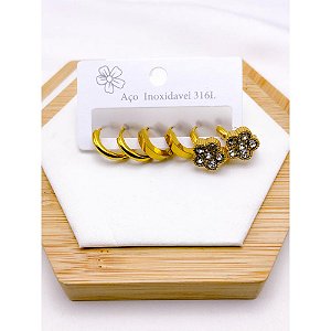 CARTELA TRIO ARGOLINHA CLICK AÇO INOXIDÁVEL FLOR CRISTAL - DOURADO