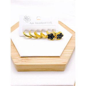 CARTELA TRIO ARGOLINHA CLICK AÇO INOXIDÁVEL FLOR PRETA - DOURADO