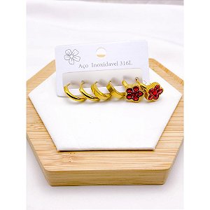 CARTELA TRIO ARGOLINHA CLICK AÇO INOXIDÁVEL FLOR VERMELHA - DOURADO
