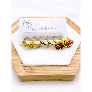 CARTELA TRIO ARGOLINHA CLICK AÇO INOXIDÁVEL FLOR ROSA - DOURADO