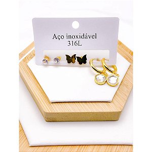 CARTELA TRIO ARGOLINHA CLICK AÇO INOXIDÁVEL PINGENTE CRISTAL - DOURADO