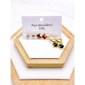 CARTELA TRIO ARGOLINHA CLICK AÇO INOXIDÁVEL PINGENTE PRETO - DOURADO