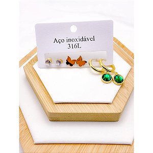 CARTELA TRIO ARGOLINHA CLICK AÇO INOXIDÁVEL PINGENTE VERDE - DOURADO