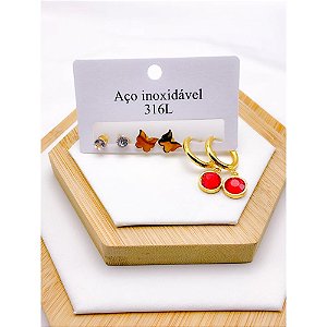 CARTELA TRIO ARGOLINHA CLICK AÇO INOXIDÁVEL PINGENTE VERMELHO - DOURADO