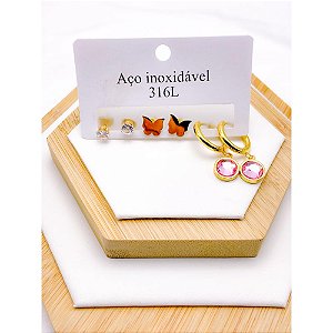 CARTELA TRIO ARGOLINHA CLICK AÇO INOXIDÁVEL PINGENTE ROSA - DOURADO