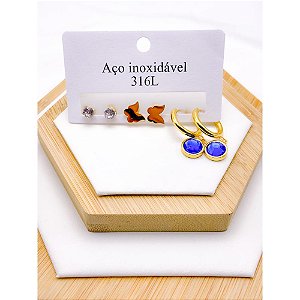 CARTELA TRIO ARGOLINHA CLICK AÇO INOXIDÁVEL PINGENTE AZUL - DOURADO