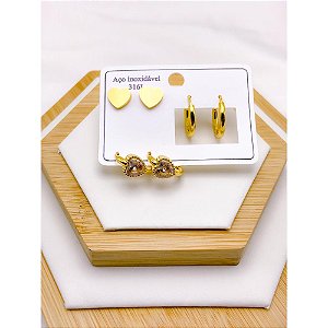 CARTELA TRIO ARGOLINHA CLICK AÇO INOXIDÁVEL CORAÇÃO CRISTAL - DOURADO