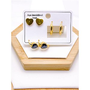 CARTELA TRIO ARGOLINHA CLICK AÇO INOXIDÁVEL CORAÇÃO PRETO - DOURADO