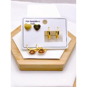 CARTELA TRIO ARGOLINHA CLICK AÇO INOXIDÁVEL CORAÇÃO CHAMPANHE - DOURADO