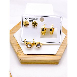 CARTELA TRIO ARGOLINHA CLICK AÇO INOXIDÁVEL PEDRA CRISTAL - DOURADO