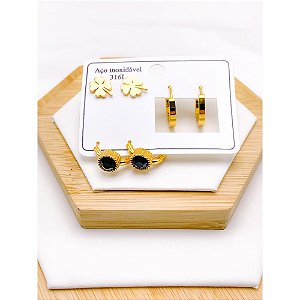 CARTELA TRIO ARGOLINHA CLICK AÇO INOXIDÁVEL PEDRA PRETA - DOURADO