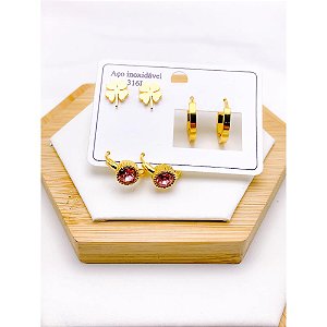 CARTELA TRIO ARGOLINHA CLICK AÇO INOXIDÁVEL PEDRA ROSA- DOURADO
