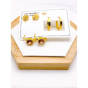 CARTELA TRIO ARGOLINHA CLICK AÇO INOXIDÁVEL PEDRA CHAMPANHE - DOURADO
