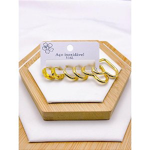 CARTELA TRIO ARGOLA AÇO INOXIDÁVEL CORAÇÃO - DOURADO