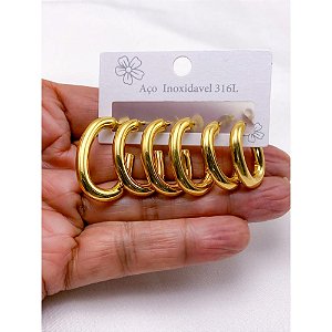 CARTELA TRIO BRINCO AÇO INOXIDÁVEL GEOMETRICO MACIÇO - DOURADO