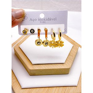 CARTELA TRIO BRINCO AÇO INOXIDÁVEL TREVO - DOURADO