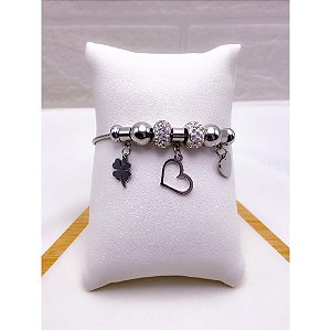 PULSEIRA AÇO INOX  ESTILO PANDORA BERLOQUES CORAÇÃO E TREVO - PRATEADA