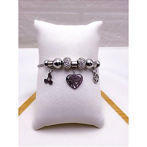 PULSEIRA AÇO INOX  ESTILO PANDORA BERLOQUES CORAÇÃO E CEREJA - PRATEADA