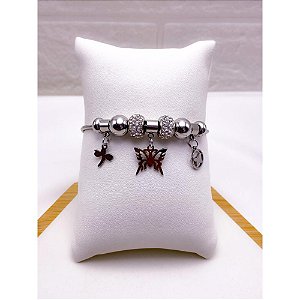 PULSEIRA AÇO INOX  ESTILO PANDORA BERLOQUES BORBOLETA E MARIPOSA - PRATEADA