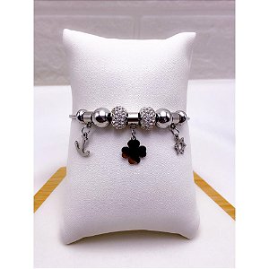 PULSEIRA AÇO INOX  ESTILO PANDORA BERLOQUES TREVO E ÂNCORA - PRATEADA