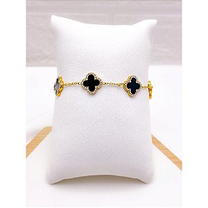 PULSEIRA AÇO INOX  TREVO CRAVEJADO PRETO - DOURADA