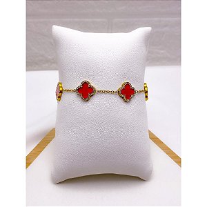 PULSEIRA AÇO INOX  TREVO CRAVEJADO VERMELHO - DOURADA